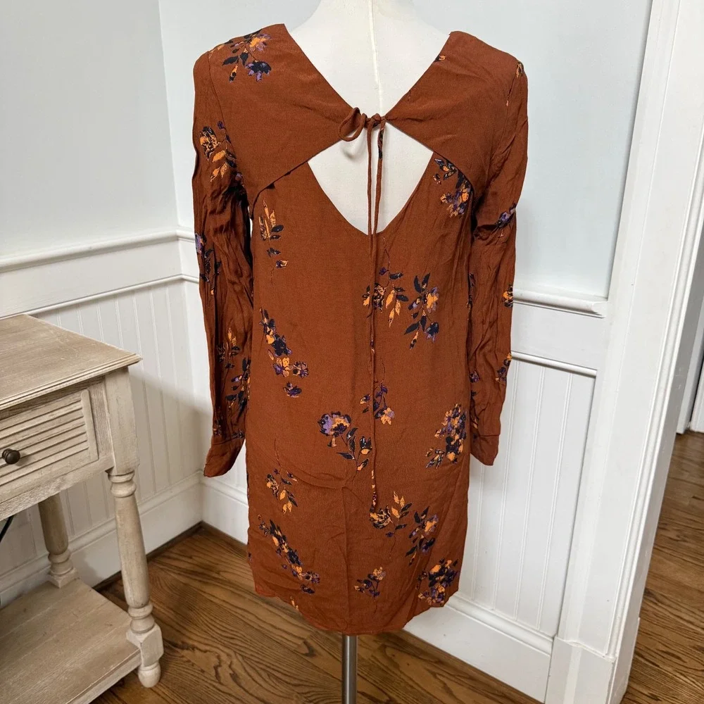 Gentle Fawn Rust Floral Print Long Sleeve Tie Back Mini Dress‎ Size S